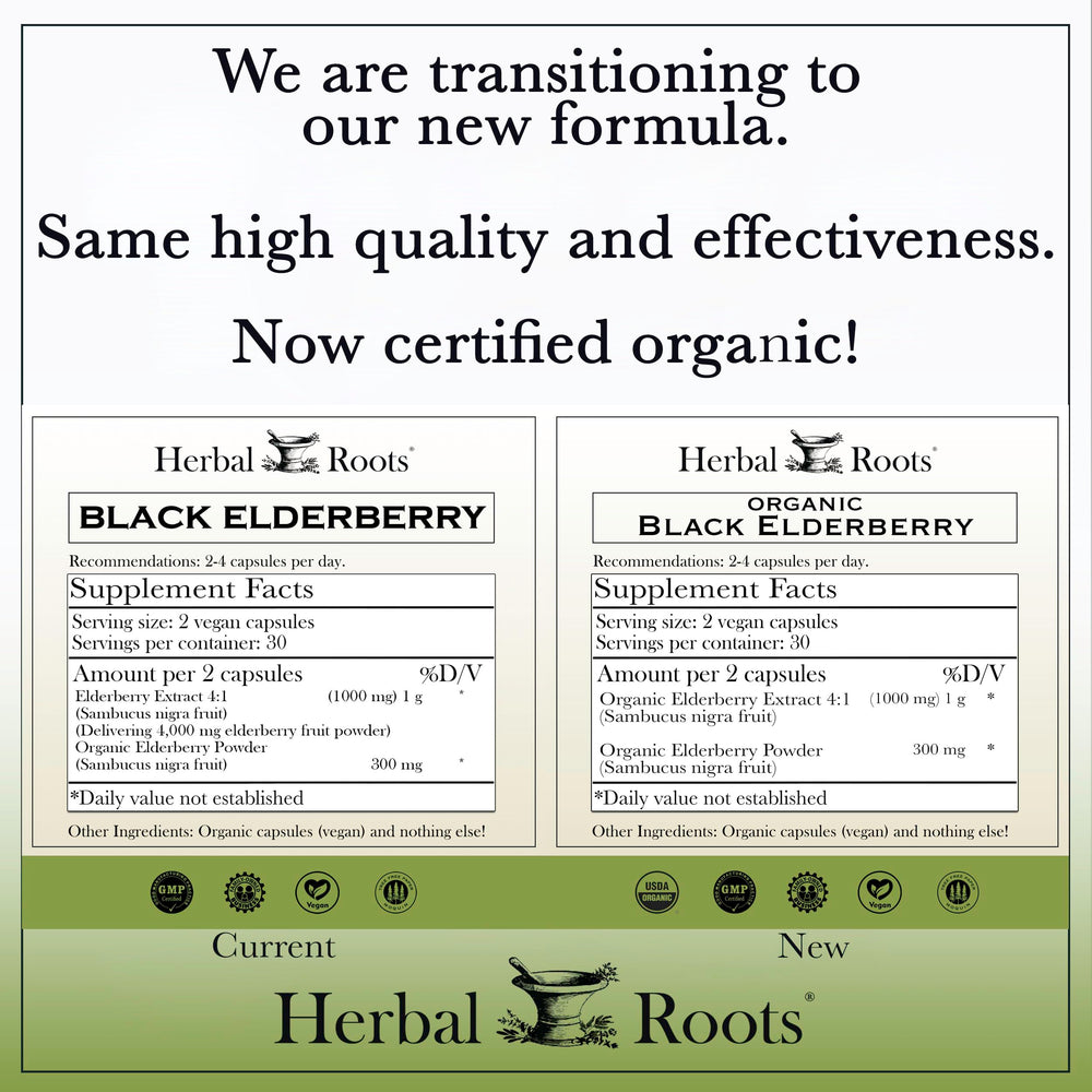 Back label of Herbal Roots Black Elderberry Capsules bottle showing nutrition facts