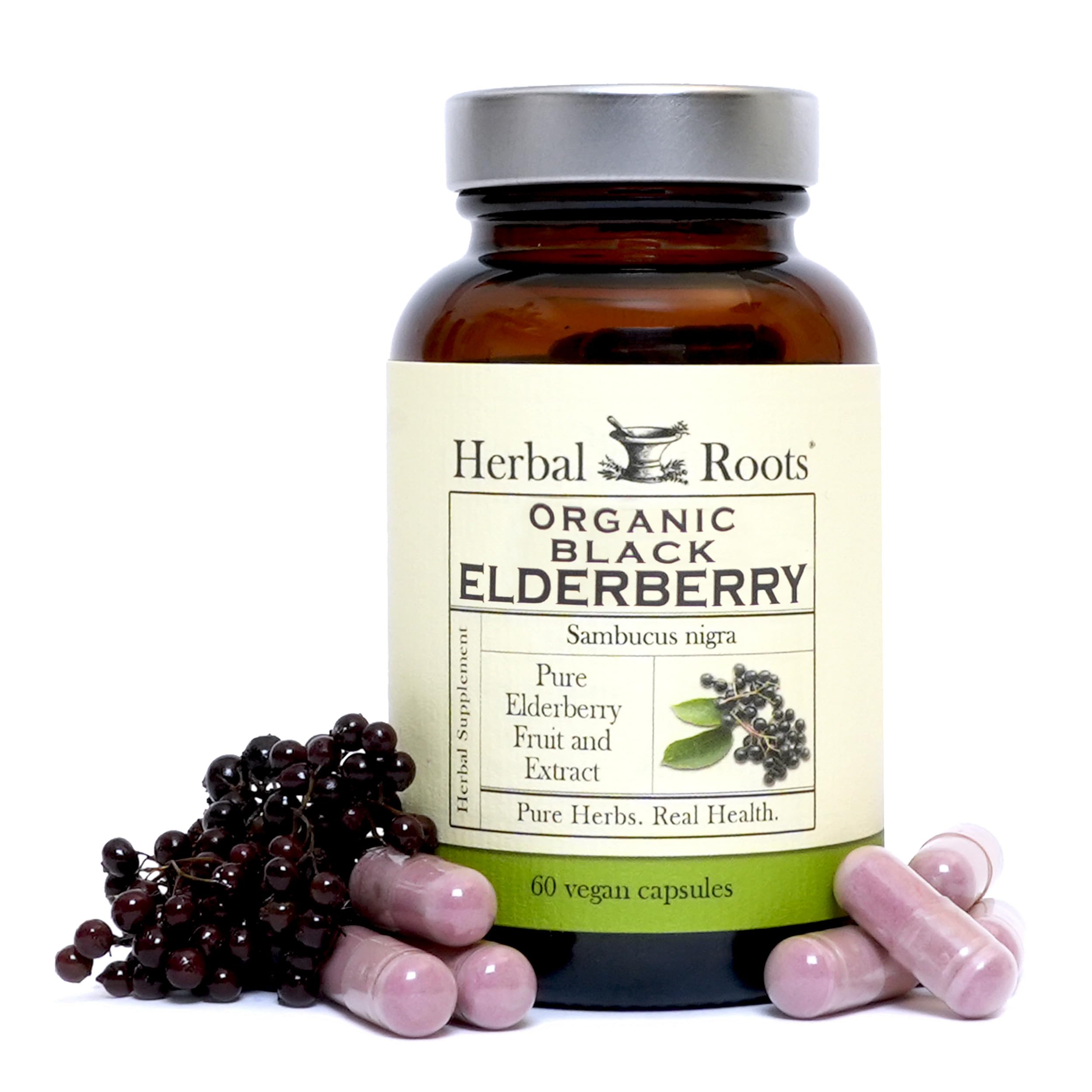 Front view of Herbal Roots Black Elderberry Capsules bottle