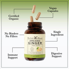 60 vegan ginger capsules inside a clear bottle