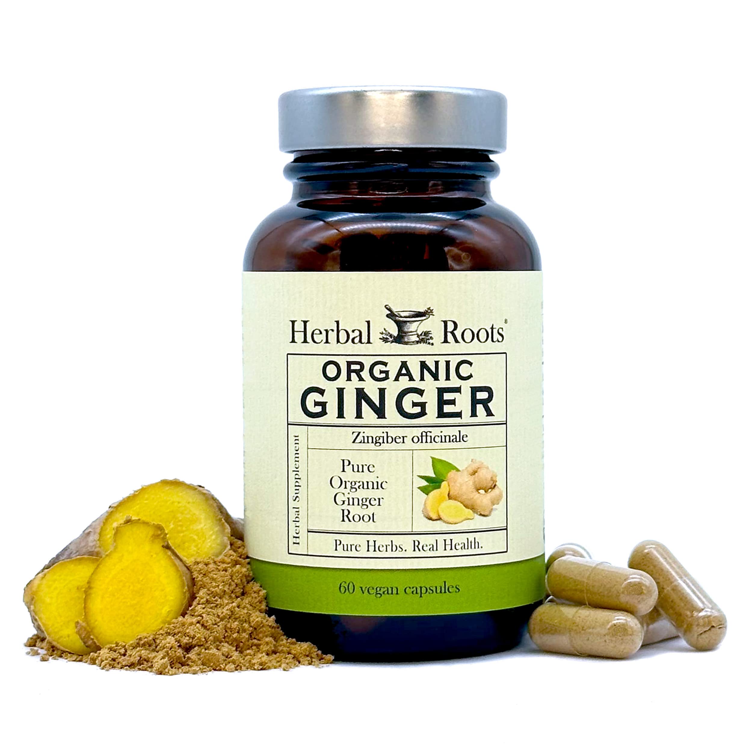Front view of Herbal Roots Ginger Supplement bottle