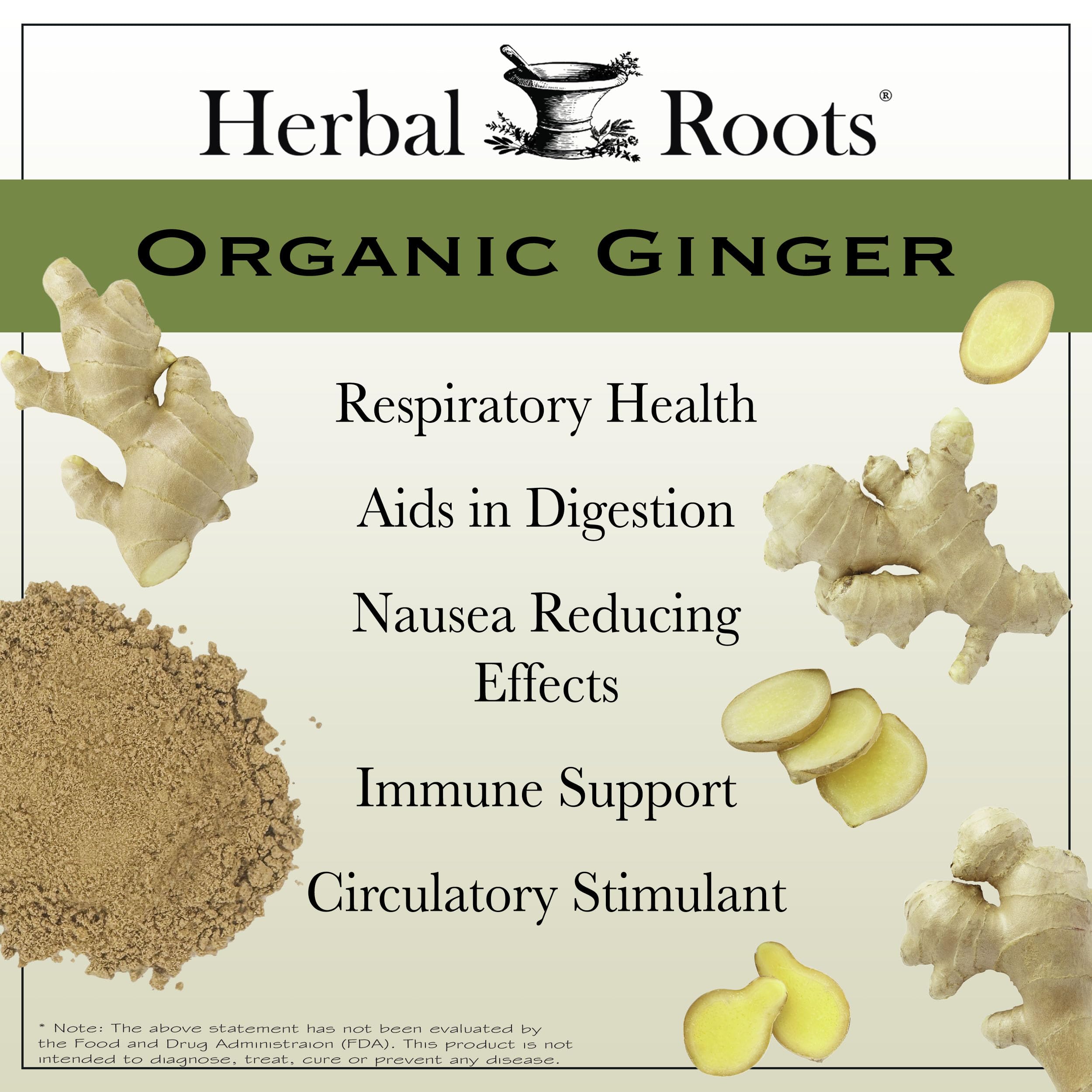 Herbal Roots Ginger Supplement packaging and bottle