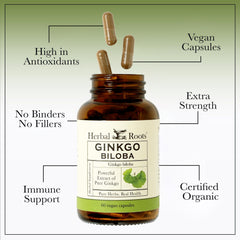 Herbal Roots Ginkgo Biloba bottle label with product details