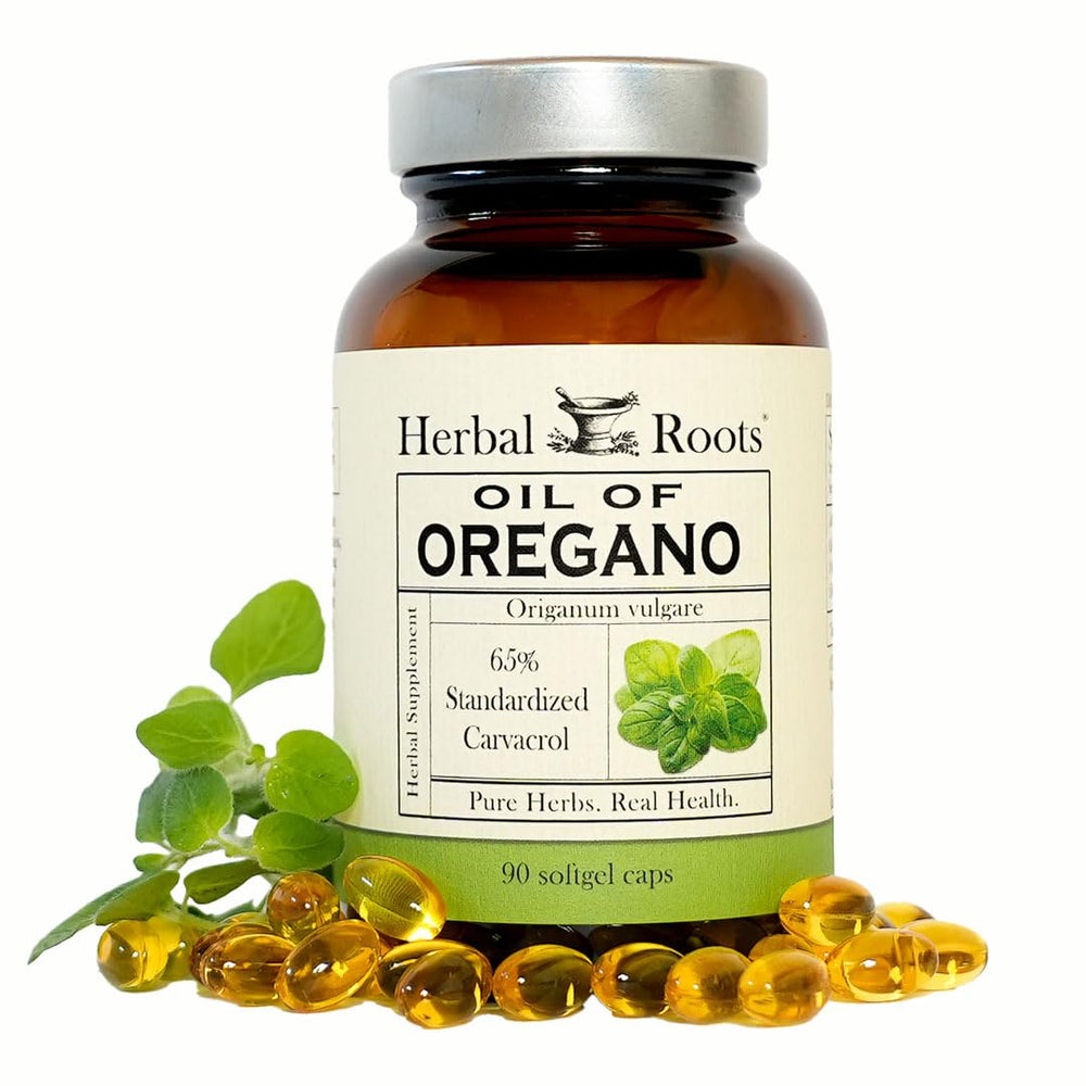 Herbal Roots Oil of Oregano bottle with 90 softgel capsules
