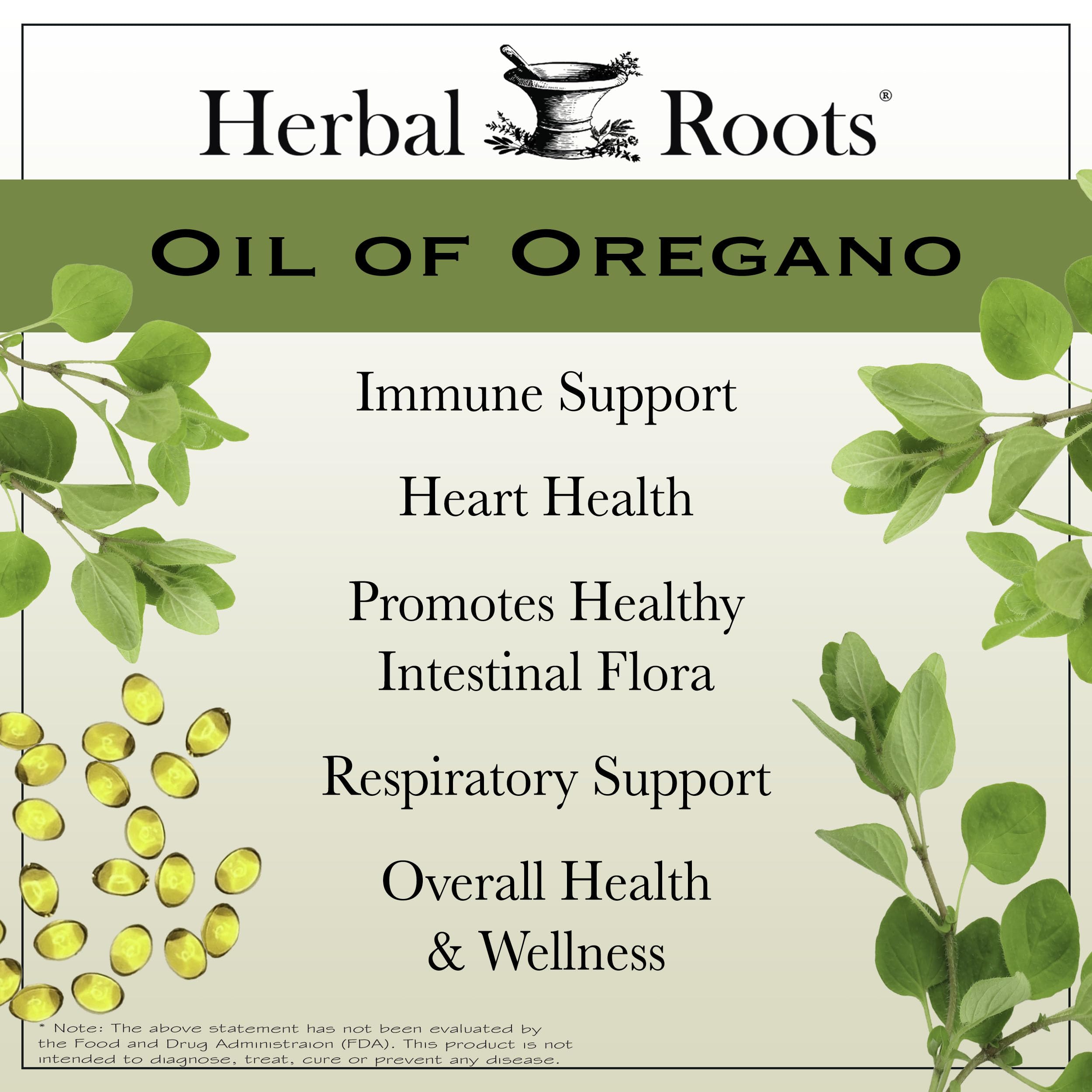 Bottle label showing 150mg oregano oil per softgel