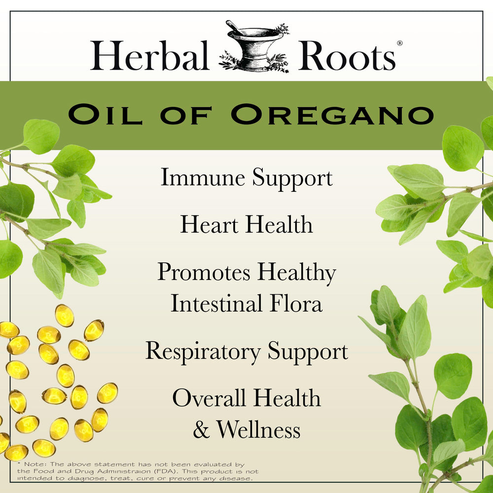 Bottle label showing 150mg oregano oil per softgel