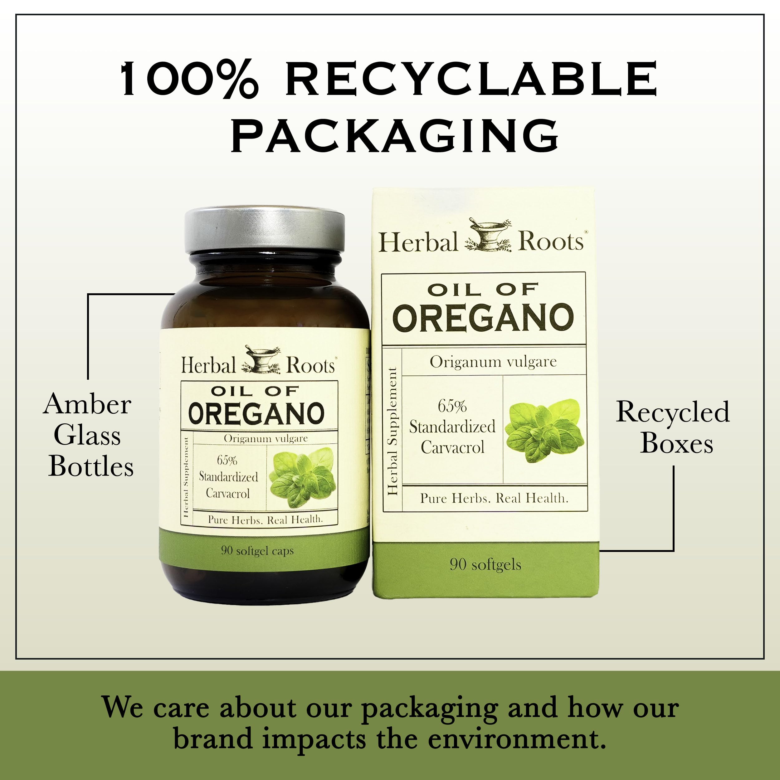 Herbal Roots logo on oregano oil bottle