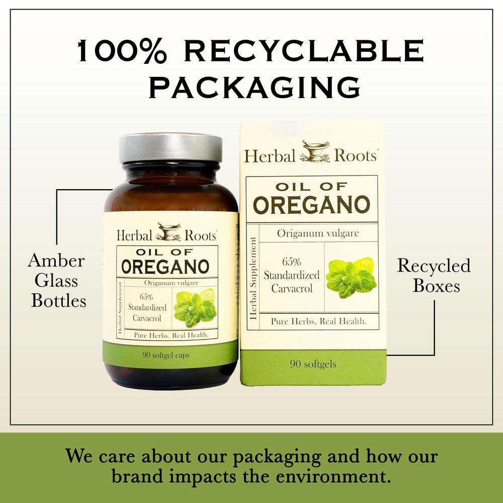 Herbal Roots logo on oregano oil bottle