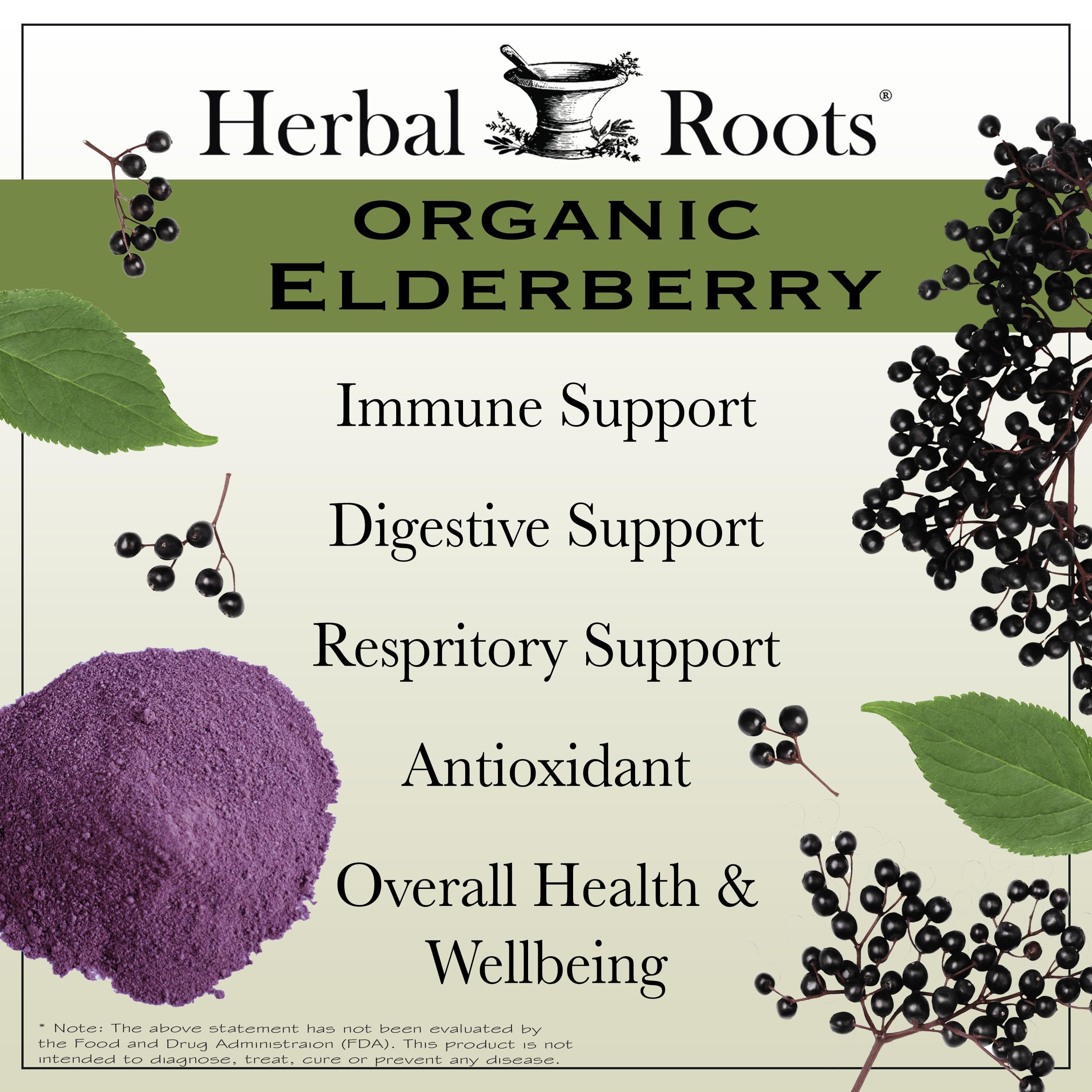 Organic Sambucus elderberry used in Herbal Roots capsules