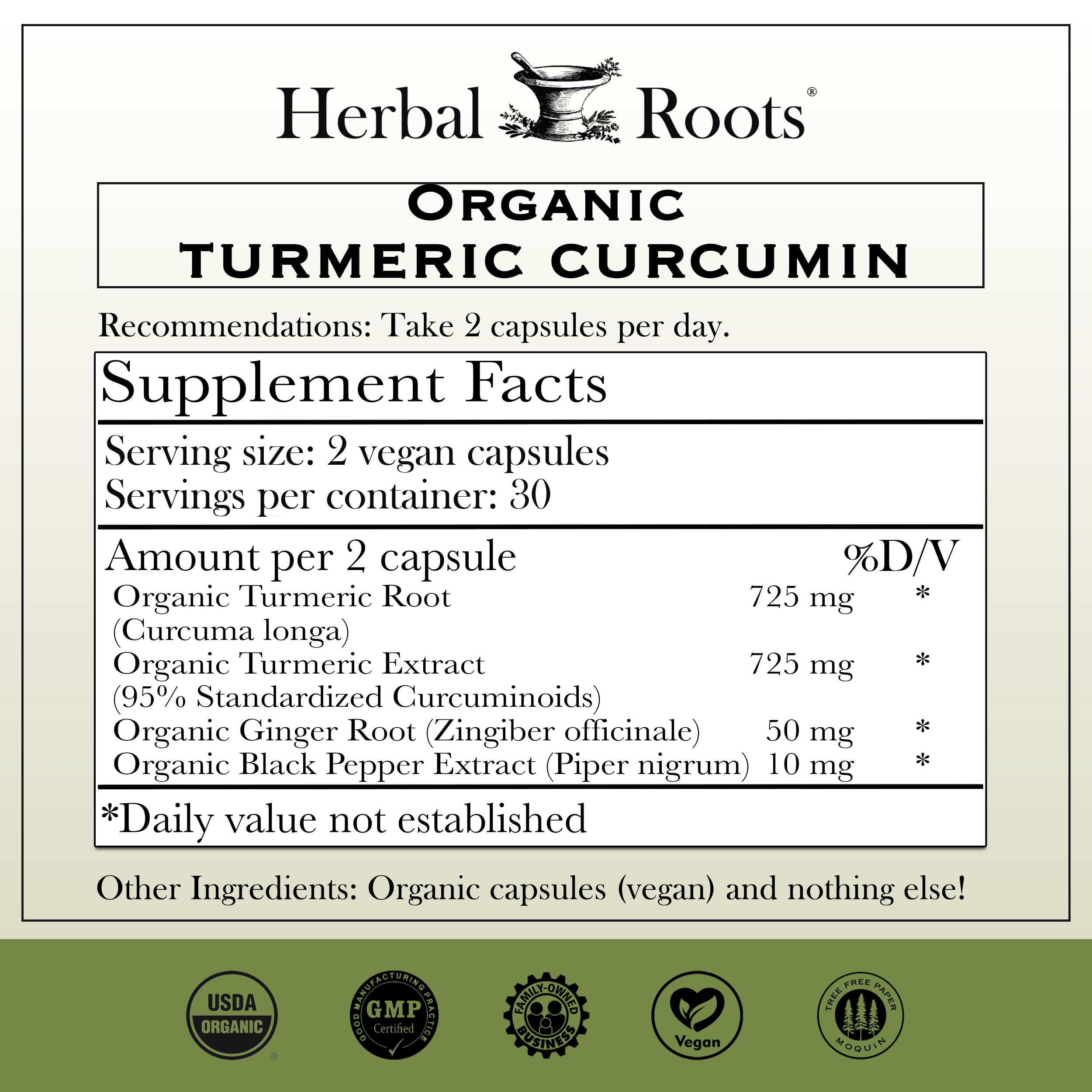 Back label of Herbal Roots Turmeric Capsules
