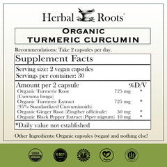 Back label of Herbal Roots Turmeric Capsules