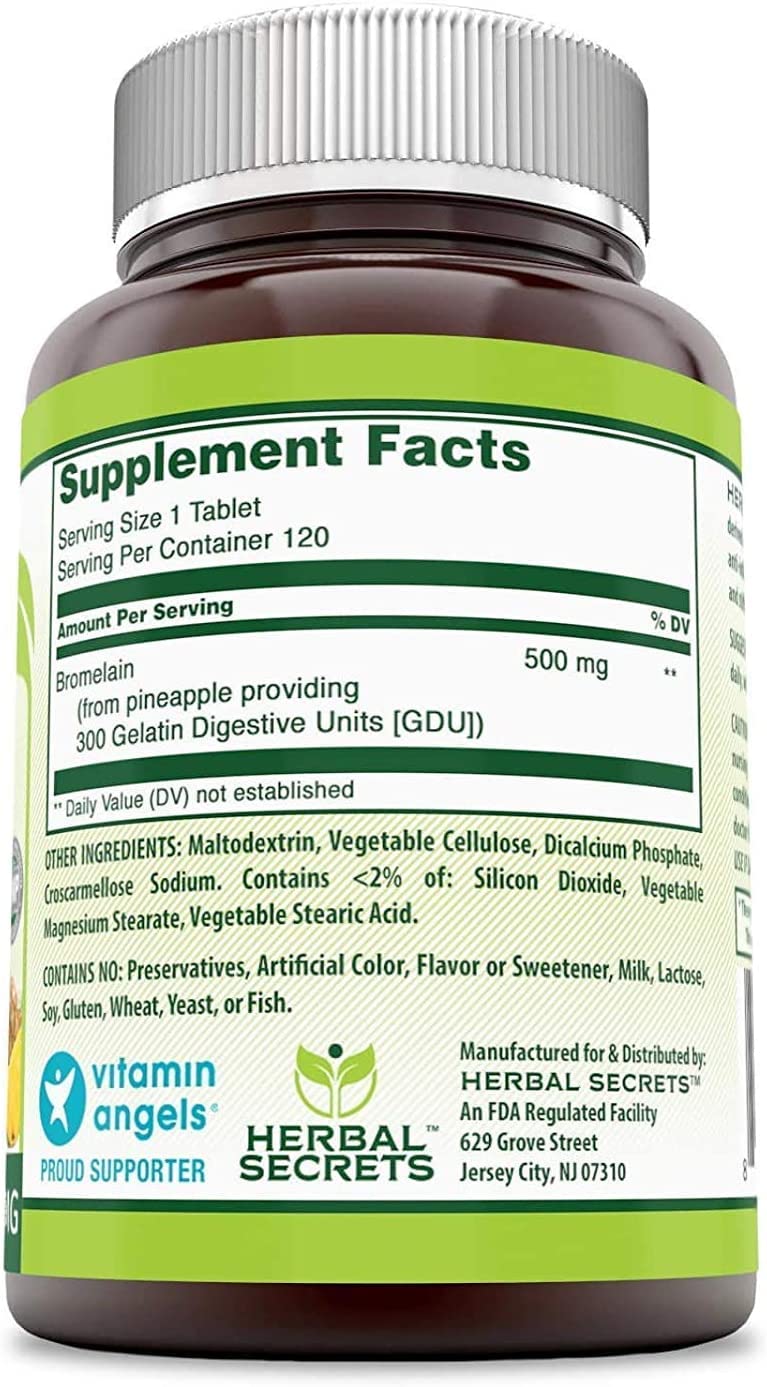 Bottle showing 120 servings per bottle for Bromelain 500 mg tablets