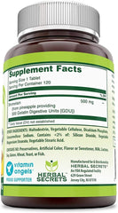 Bottle showing 120 servings per bottle for Bromelain 500 mg tablets