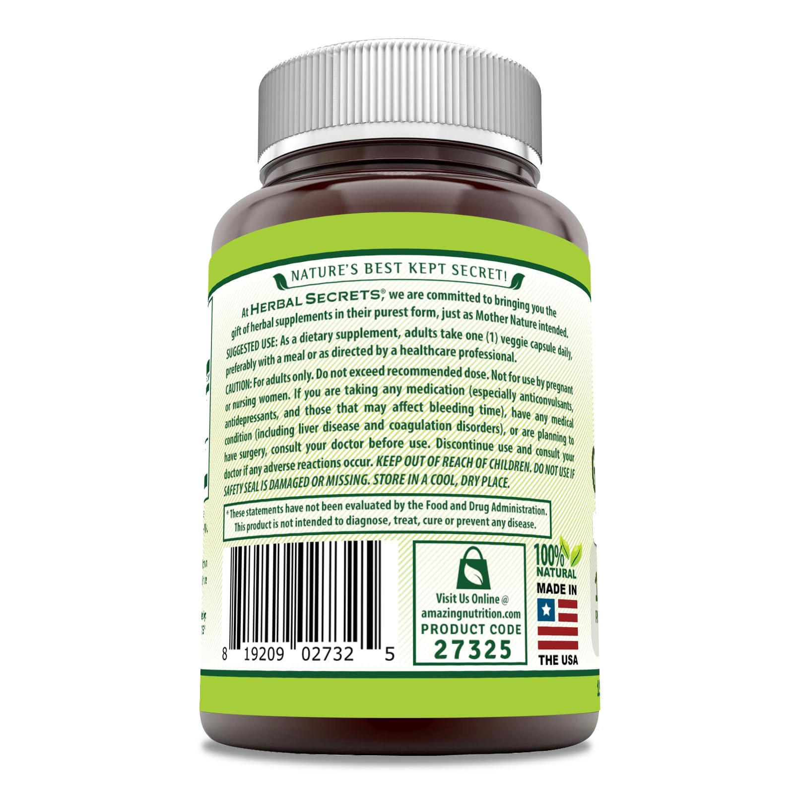 USA made, GMP certified seal on Herbal Secrets Ginkgo Biloba packaging