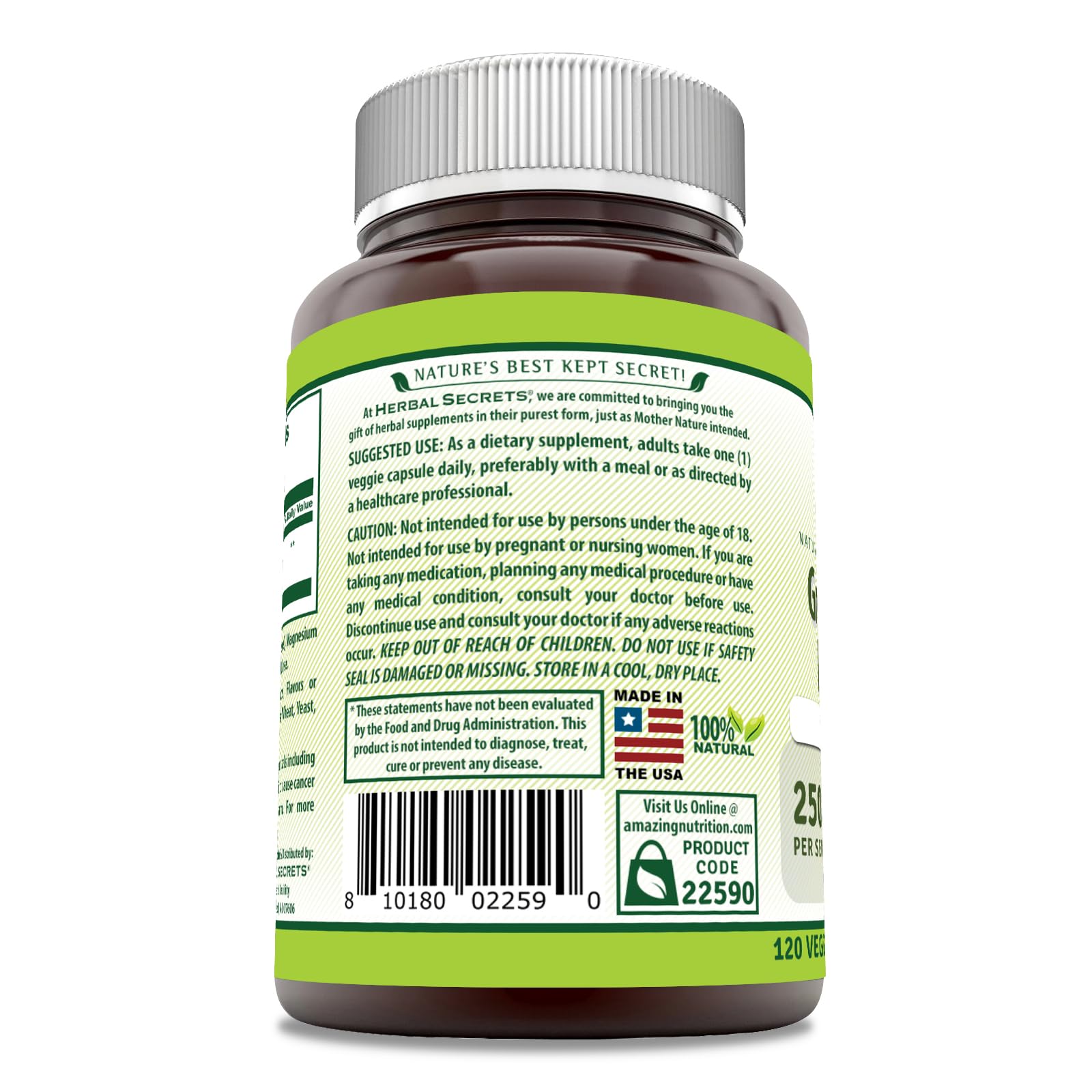 Nutrition facts panel for Herbal Secrets Grapeseed Extract Supplement
