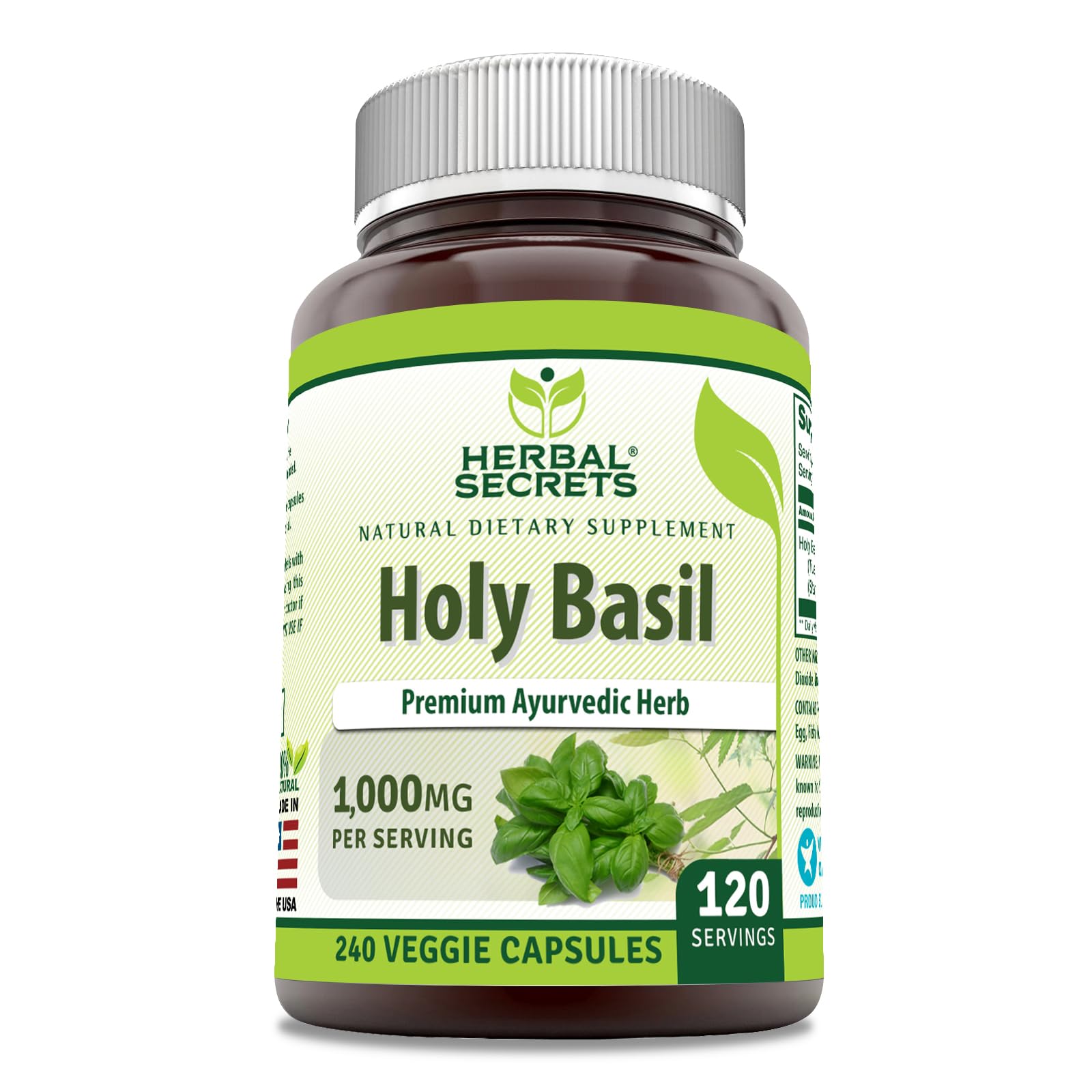Herbal Secrets Holy Basil supplement bottle - 1000 mg per serving, 240 veggie capsules.