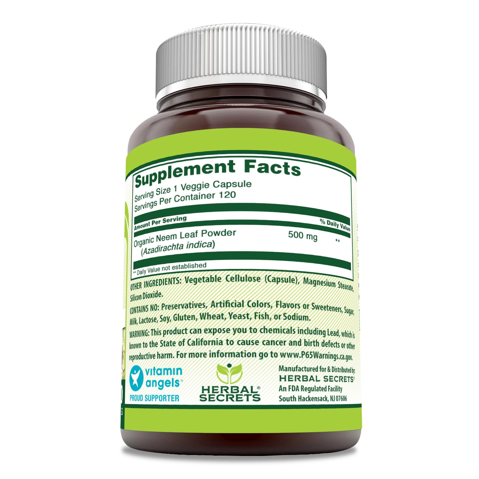 Close-up of Neem supplement capsules bottle