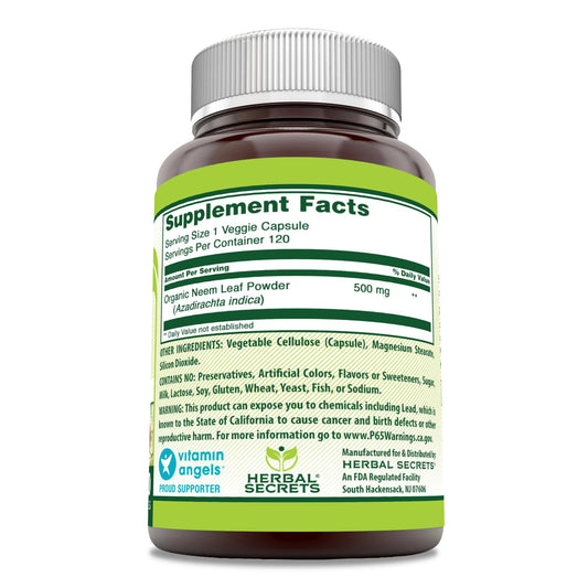 Close-up of Neem supplement capsules bottle