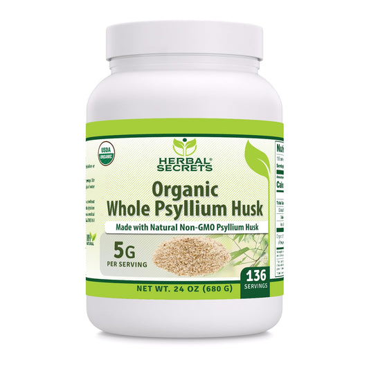 Herbal Secrets psyllium husk powder bottle showing 5 g serving, 24 oz, unflavored, USA made