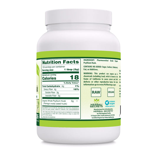 Psyllium husk powder packaging indicating GMP compliance, gluten-free and Non-GMO