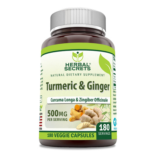 Herbal Secrets Turmeric & Ginger 500 mg Veggie Capsule bottle label