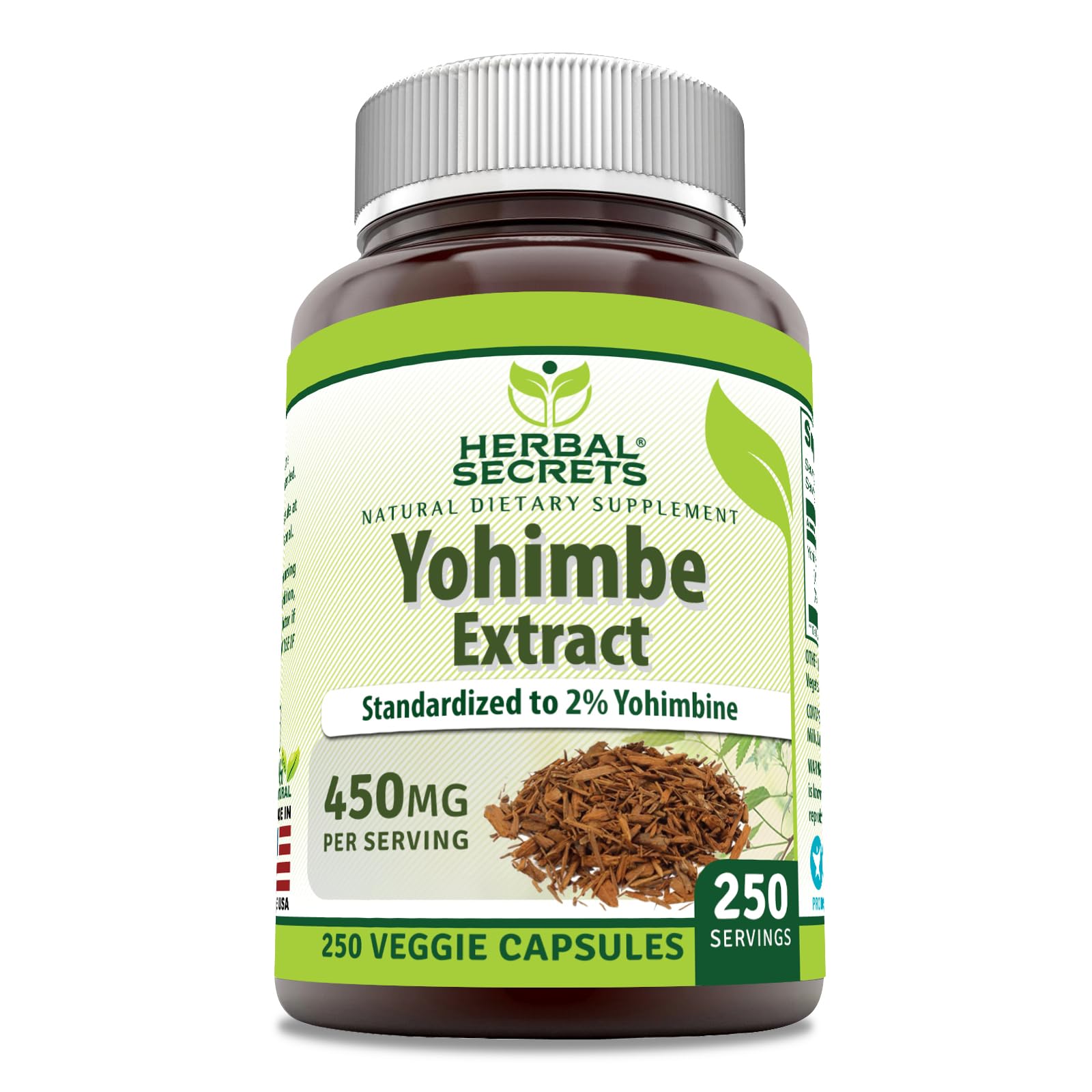 Herbal Secrets Yohimbe Extract 450 mg supplement bottle with veggie capsules