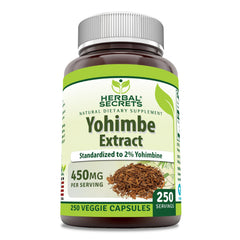 Herbal Secrets Yohimbe Extract 450 mg supplement bottle with veggie capsules