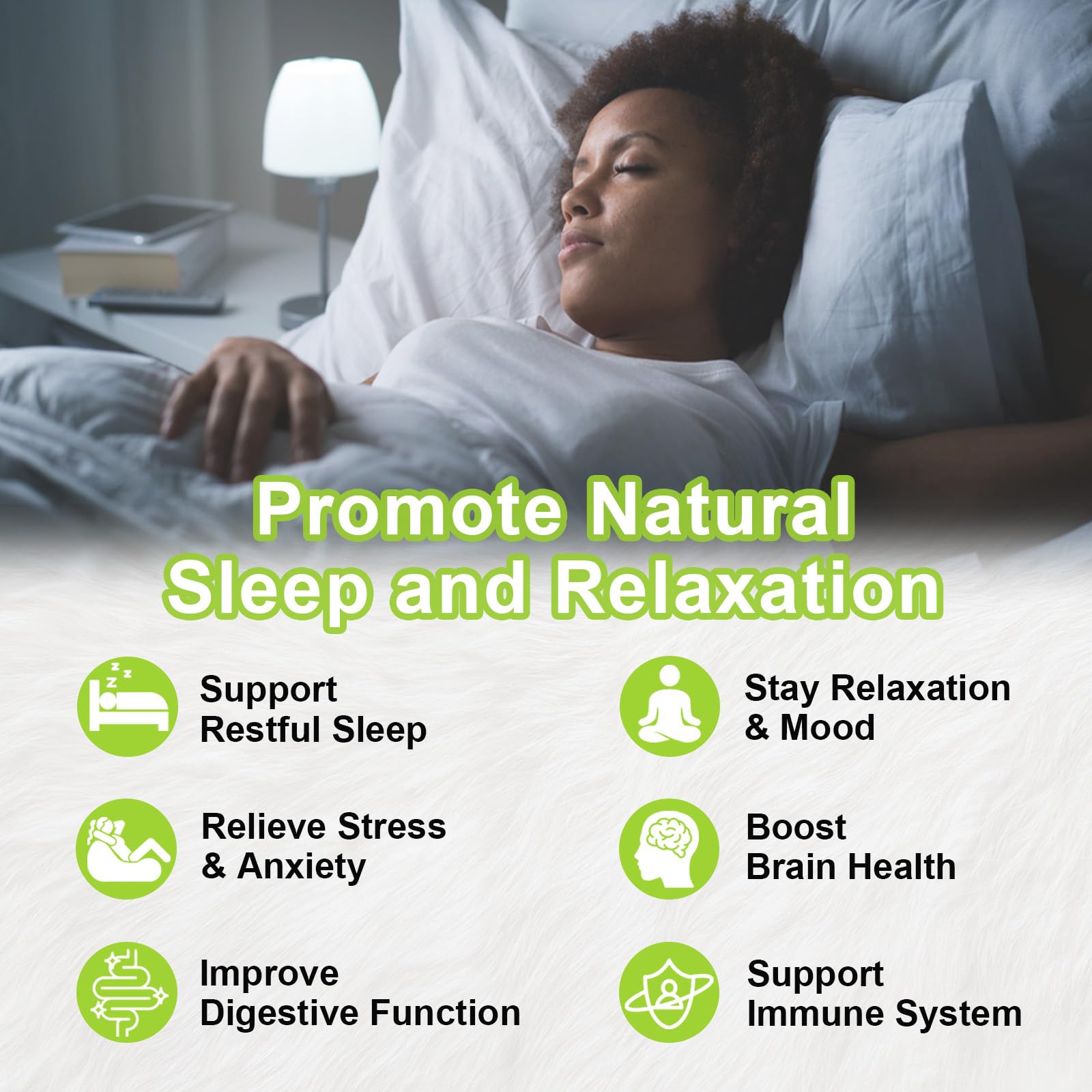 Graphic showing valerian, lemon balm, chamomile, passion flower as sleep-support ingredients