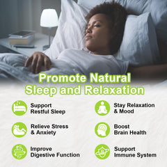Graphic showing valerian, lemon balm, chamomile, passion flower as sleep-support ingredients