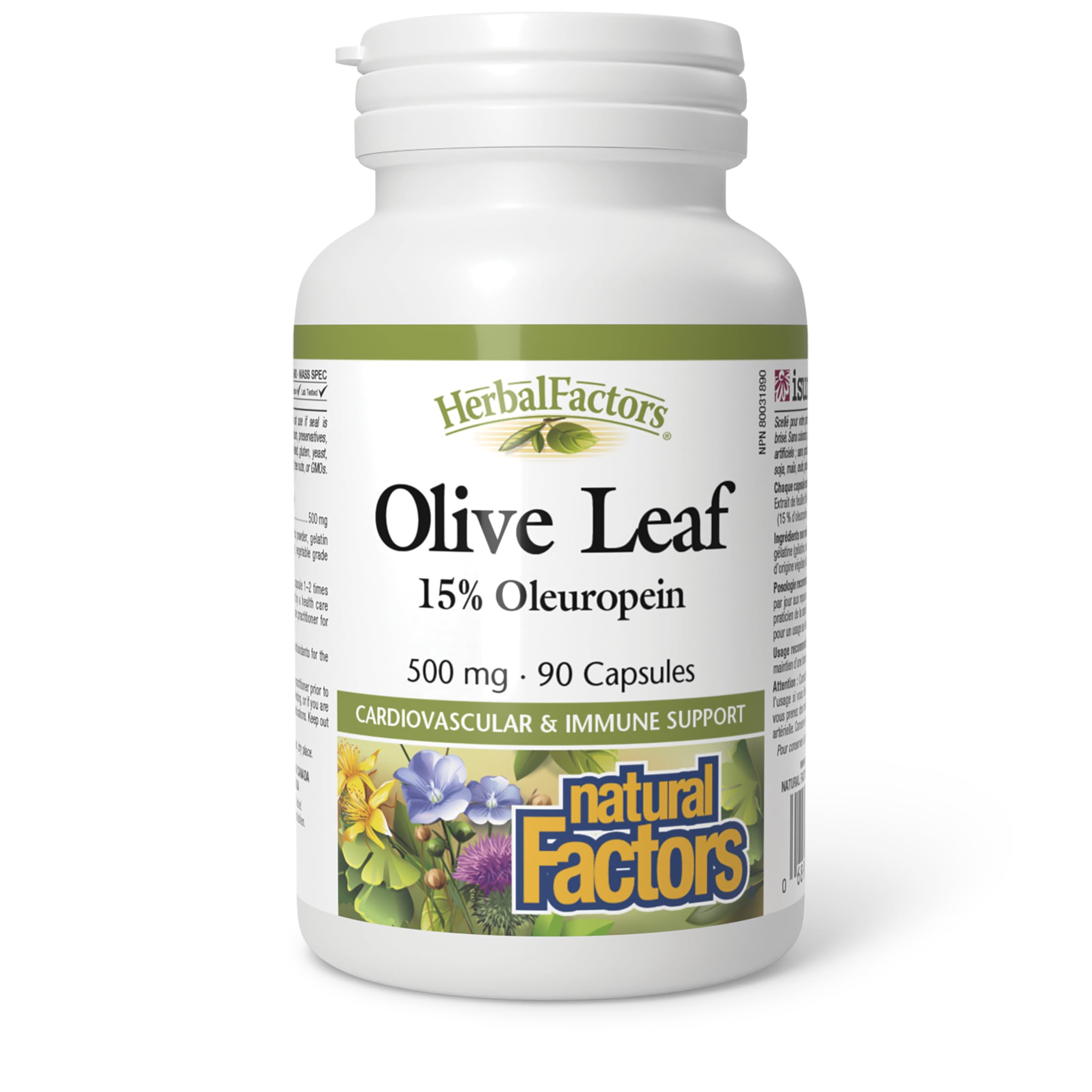 HerbalFactors Olive Leaf 500 mg bottle label close-up