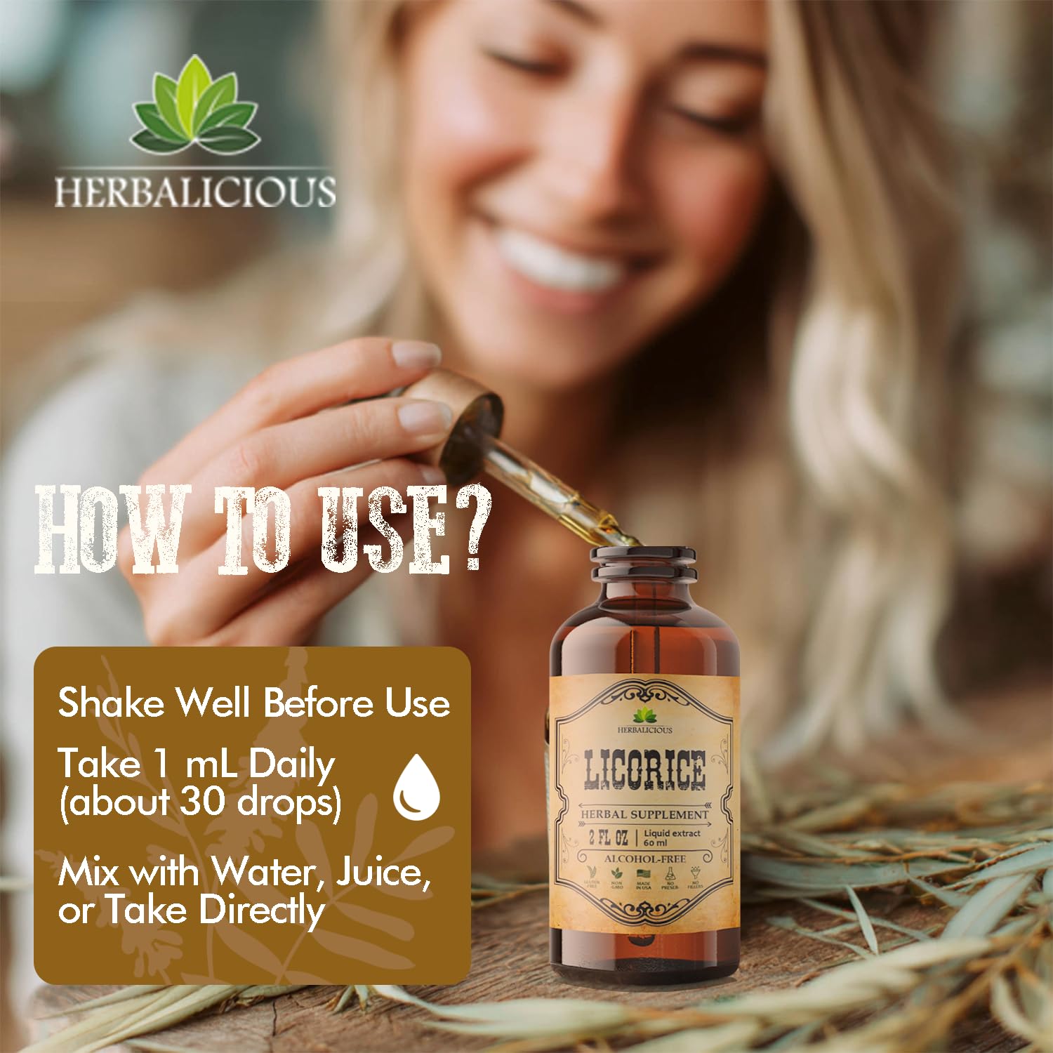 Side view of HERBALICIOUS Licorice Root Extract bottle