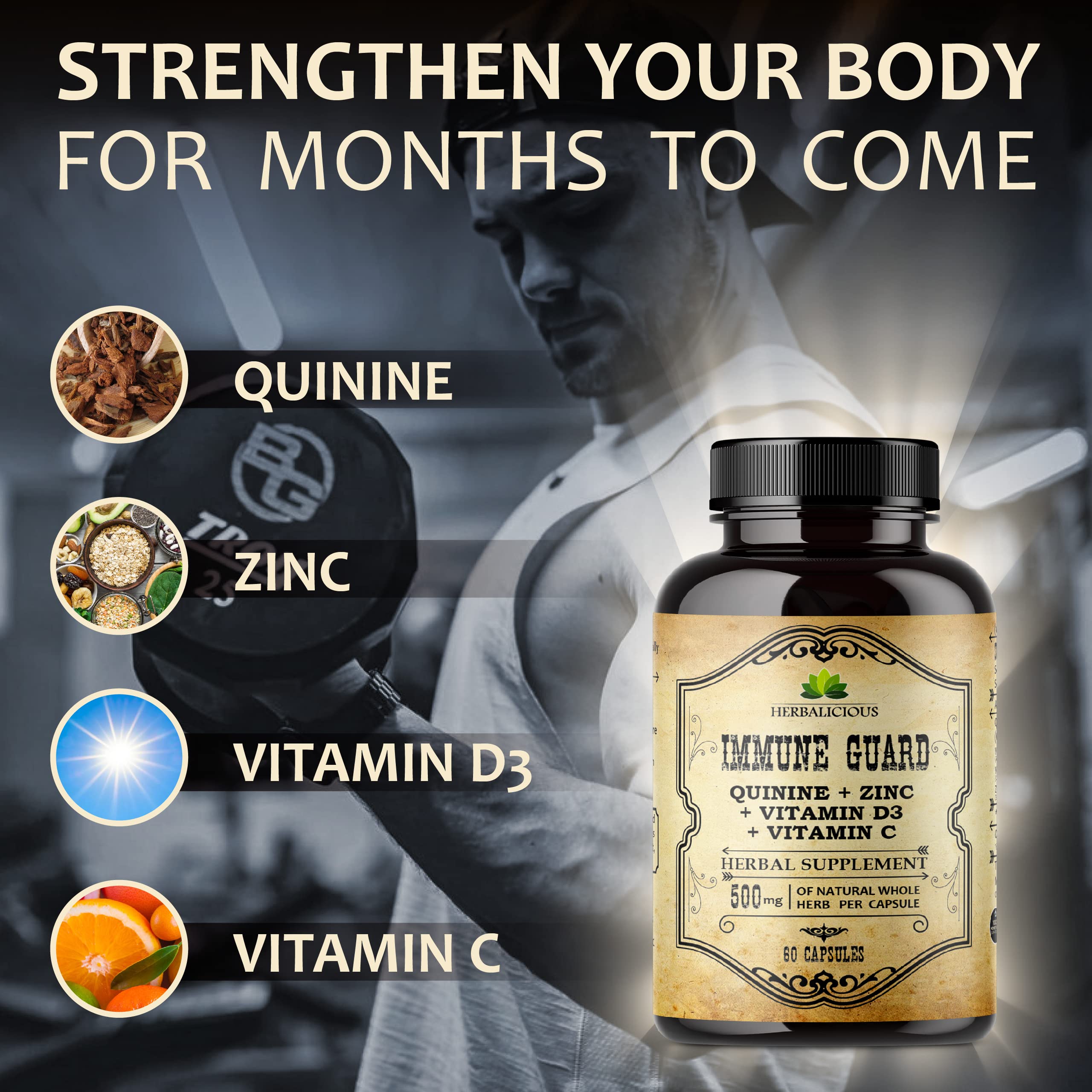Close-up of Quinine Immune Guard capsules showcasing the product