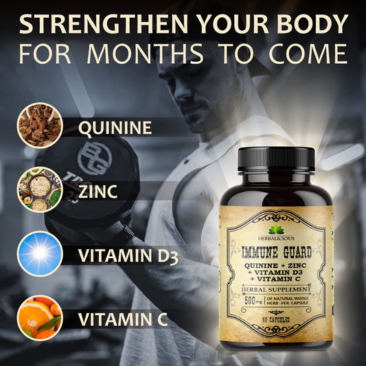 Close-up of Quinine Immune Guard capsules showcasing the product