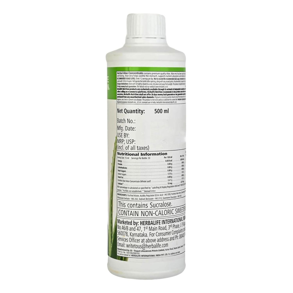 Herbalife Aloe concentrate stored in a fridge, emphasizing freshness after opening.