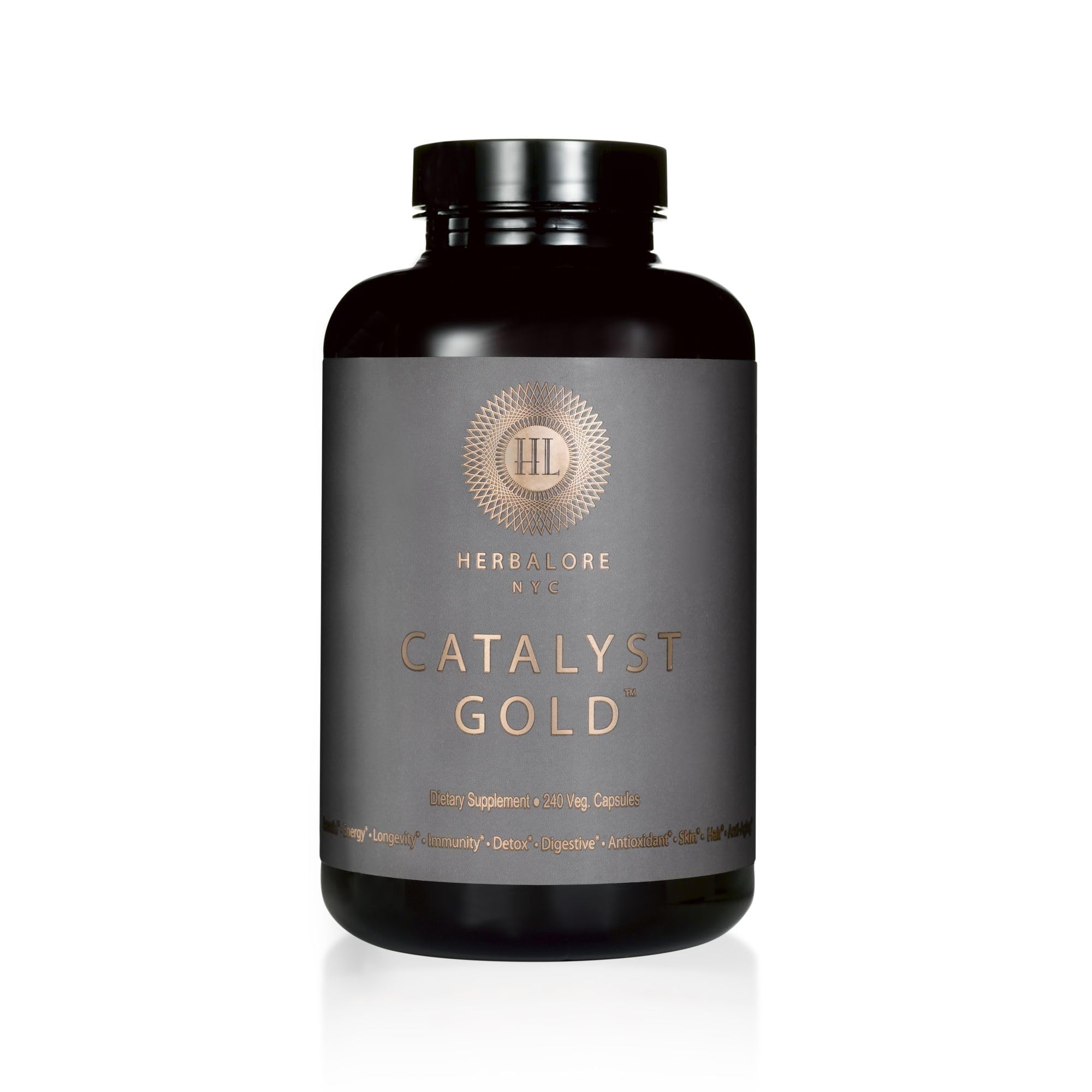Bottle of Herbalore Catalyst Gold capsules.