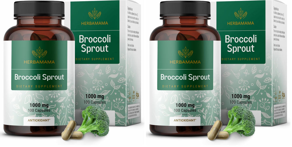 Front view of HERBAMAMA Broccoli Sprouts Capsules bottle