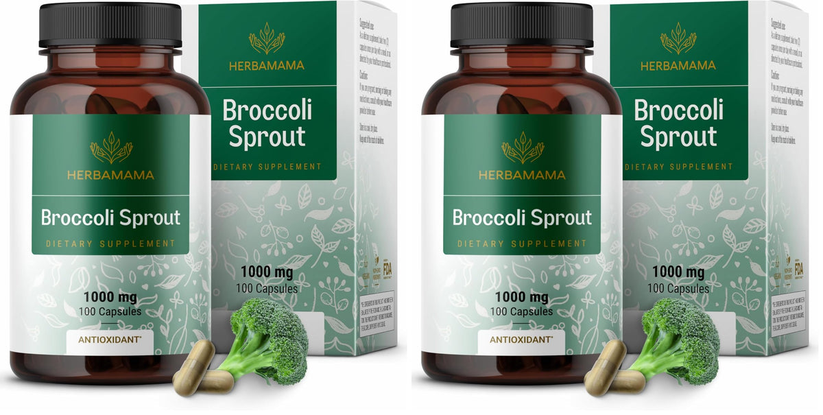 Front view of HERBAMAMA Broccoli Sprouts Capsules bottle