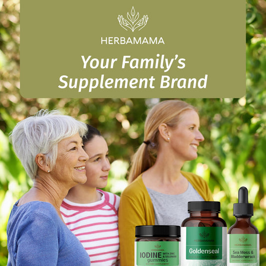 Bottle with label showing Herbamama Goldenseal Root Capsules 700mg