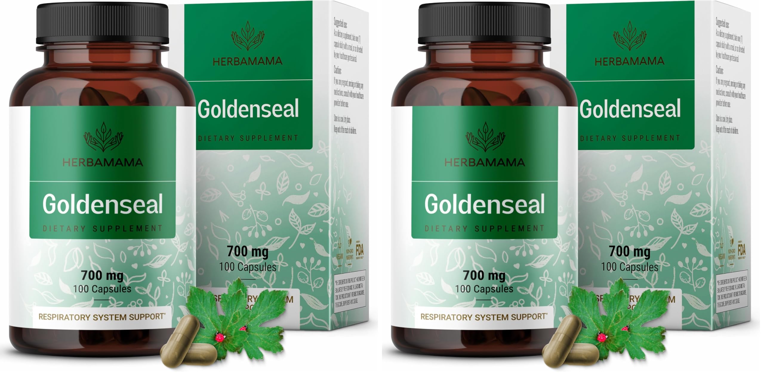 Front view of Herbamama Goldenseal Root Capsules 700mg pack of 2