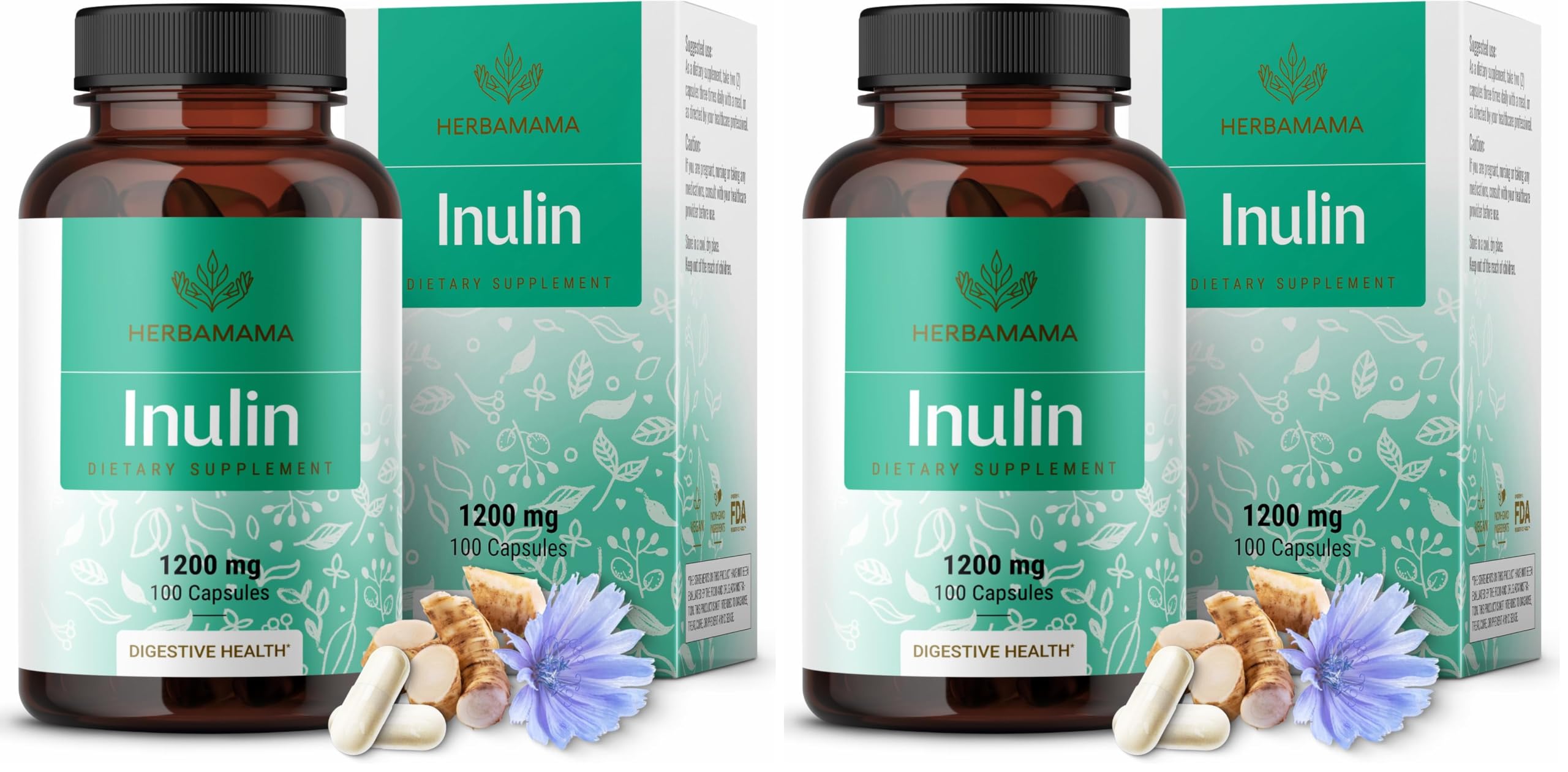 Front view of HERBAMAMA Inulin Powder Capsules 1200mg pack of 2
