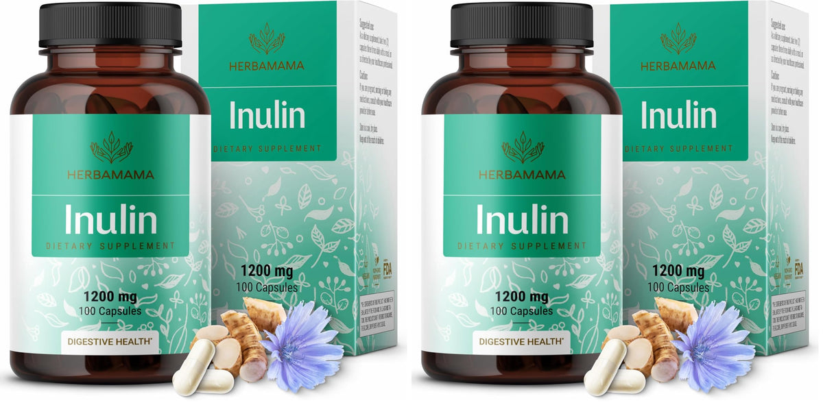 Front view of HERBAMAMA Inulin Powder Capsules 1200mg pack of 2