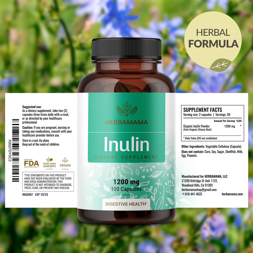 Vegan and Non-GMO labeling on Herbamama Inulin capsules
