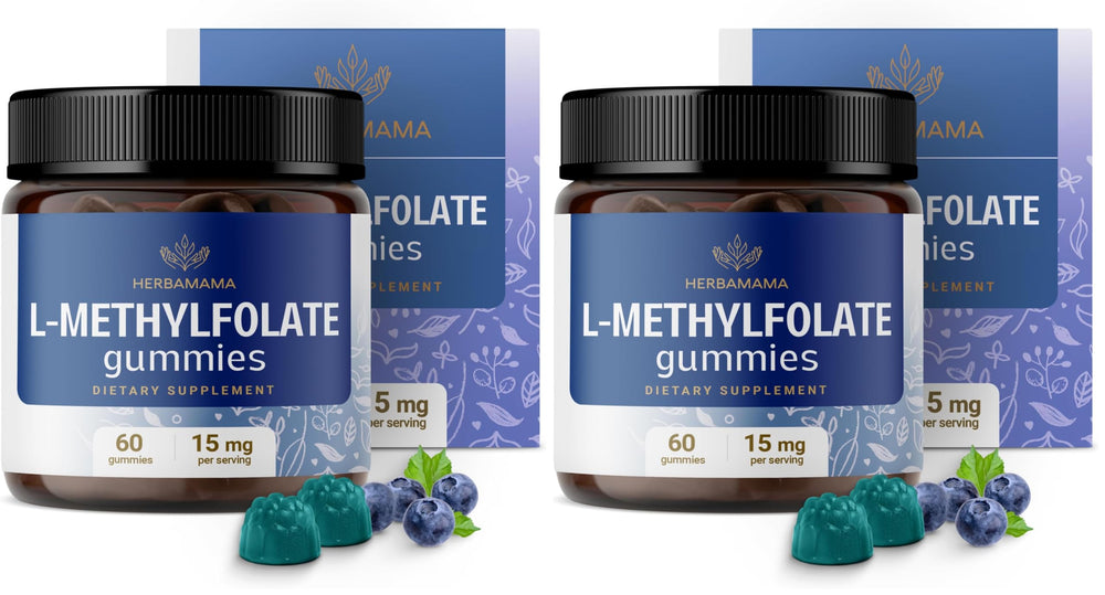 Bottle front view of Herbamama L-Methylfolate Gummies - blueberry flavor, pack 2