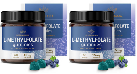 Bottle front view of Herbamama L-Methylfolate Gummies - blueberry flavor, pack 2