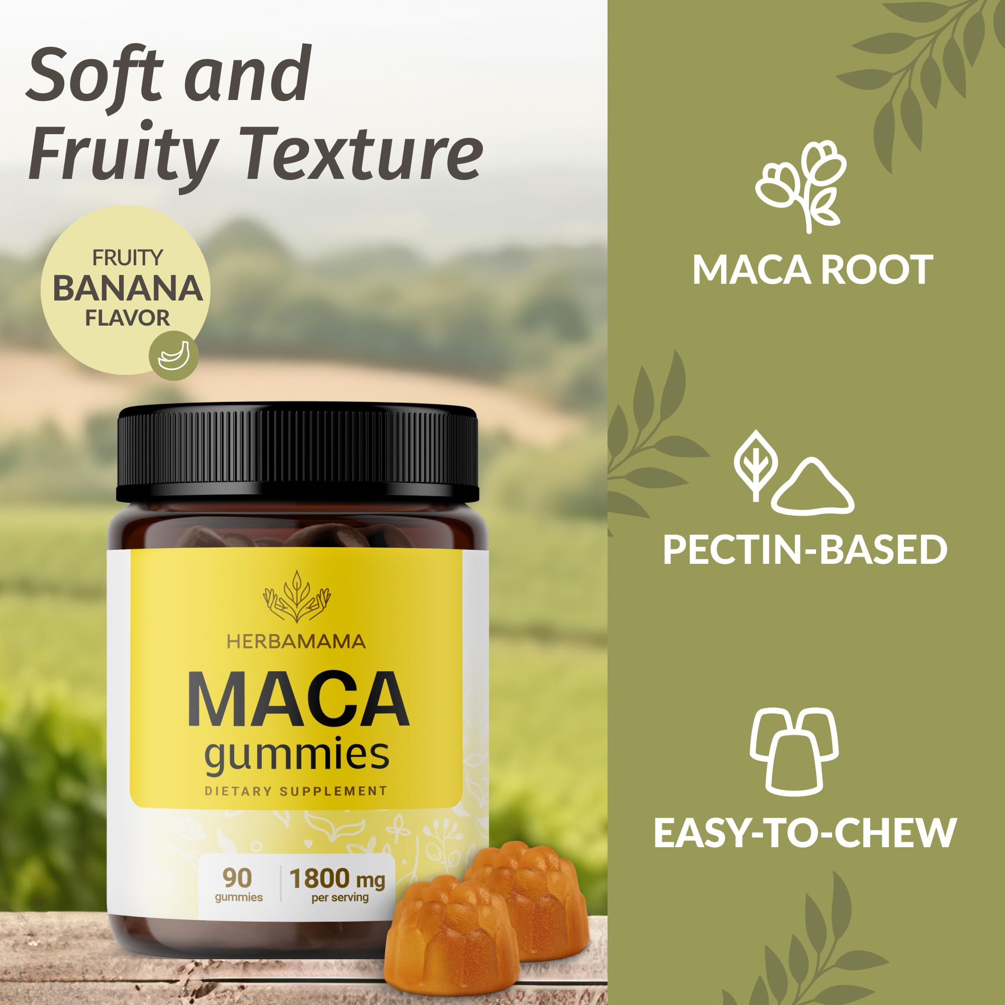 Banana-flavored maca gummies showing fruity taste