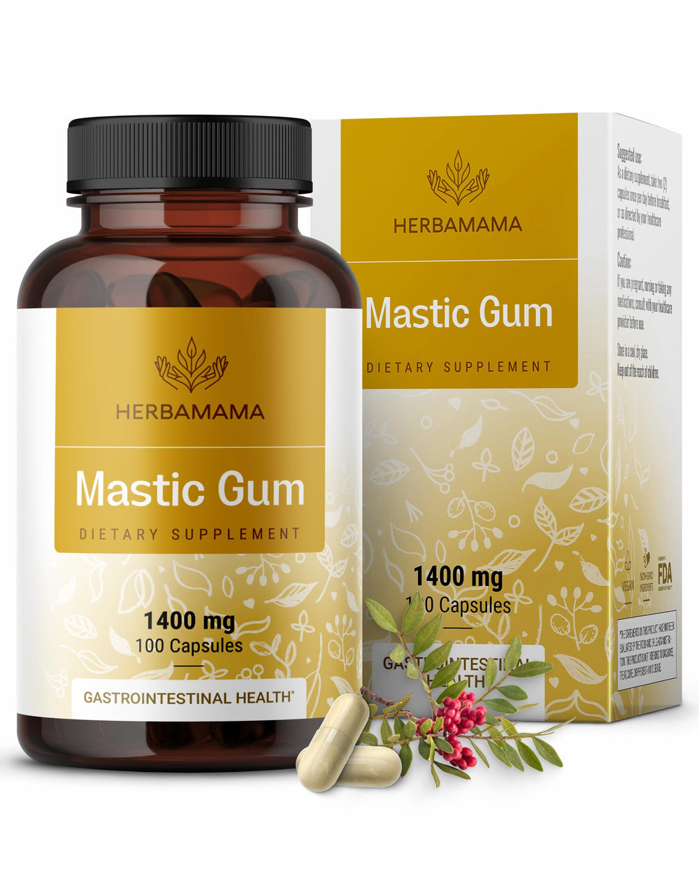 Hero image: HERBAMAMA Mastic Gum Capsules 1400mg bottle