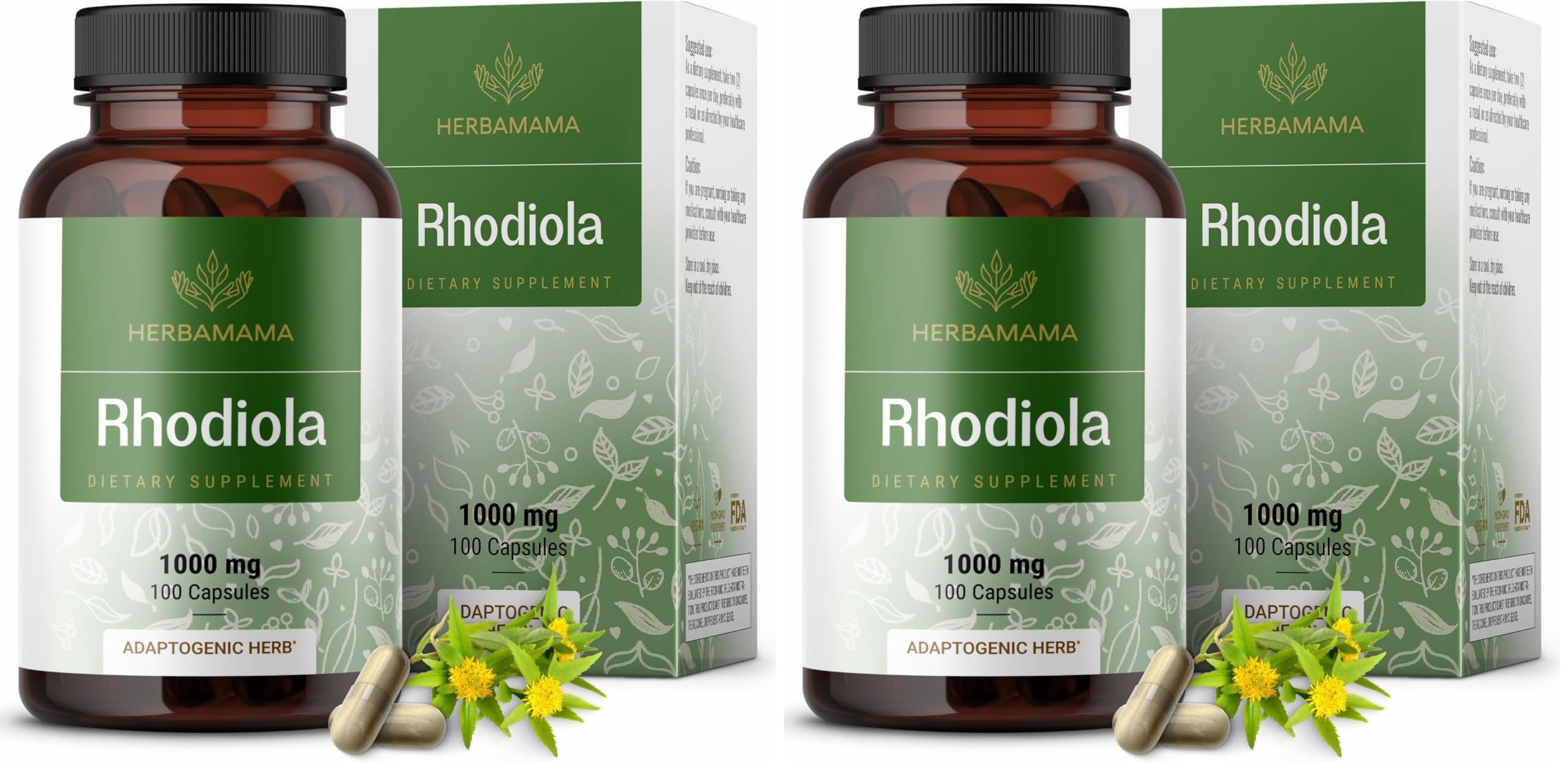 Herbamama Rhodiola Rosea capsules bottle with label on white background