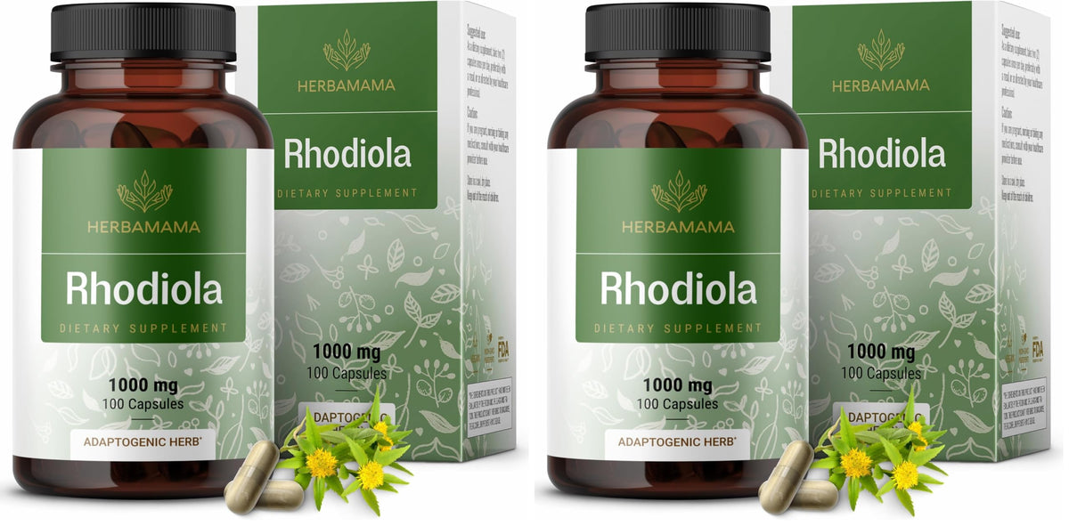 Herbamama Rhodiola Rosea capsules bottle with label on white background