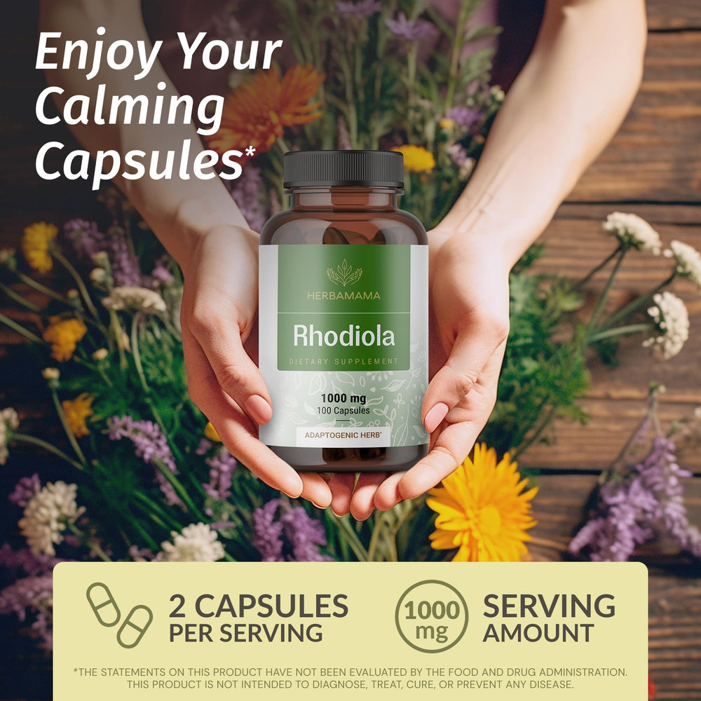 Close-up of Rhodiola Rosea capsules inside a bottle