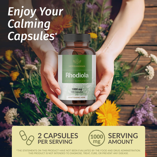 Close-up of Rhodiola Rosea capsules inside a bottle
