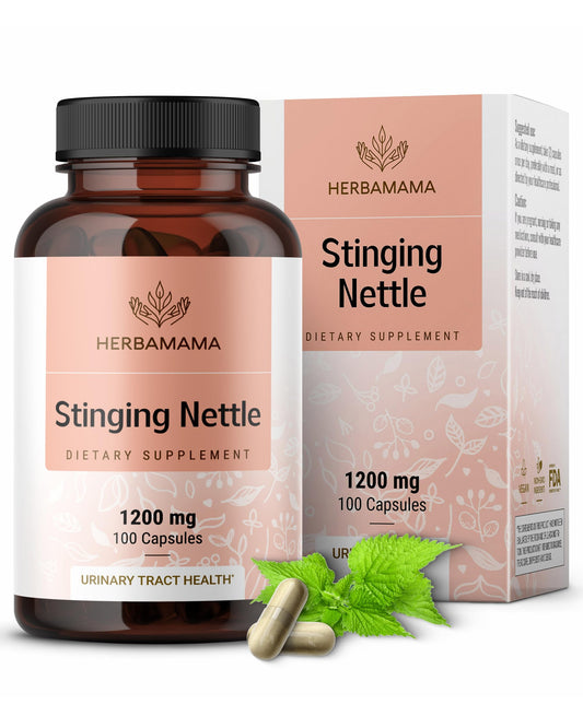 Product shot of HERBAMAMA Stinging Nettle Capsules 1200mg for urinary tract support